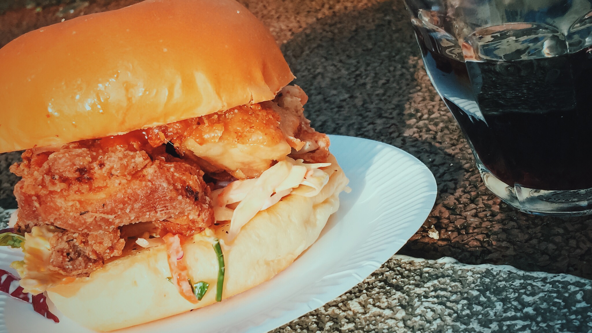 Fried chicken burger with wine